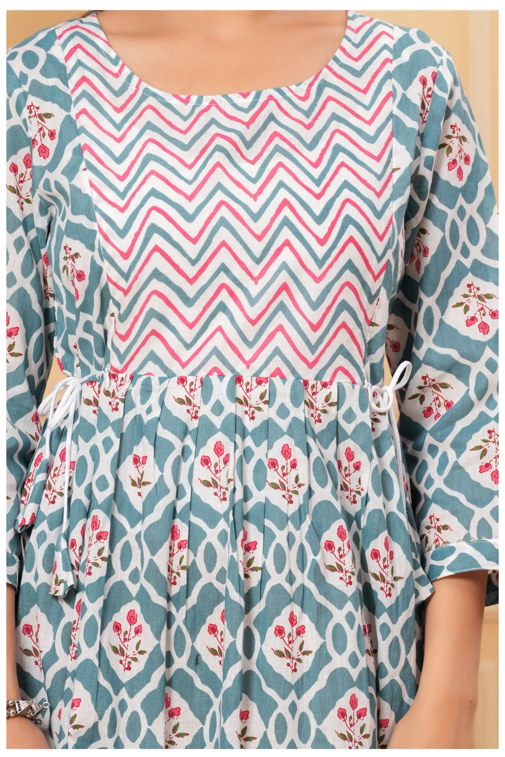 Teal Blue Geometric Printed Cotton Feeding A-Line Kurti for Women