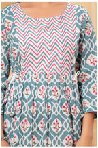 Teal Blue Geometric Printed Cotton Feeding A-Line Kurti for Women