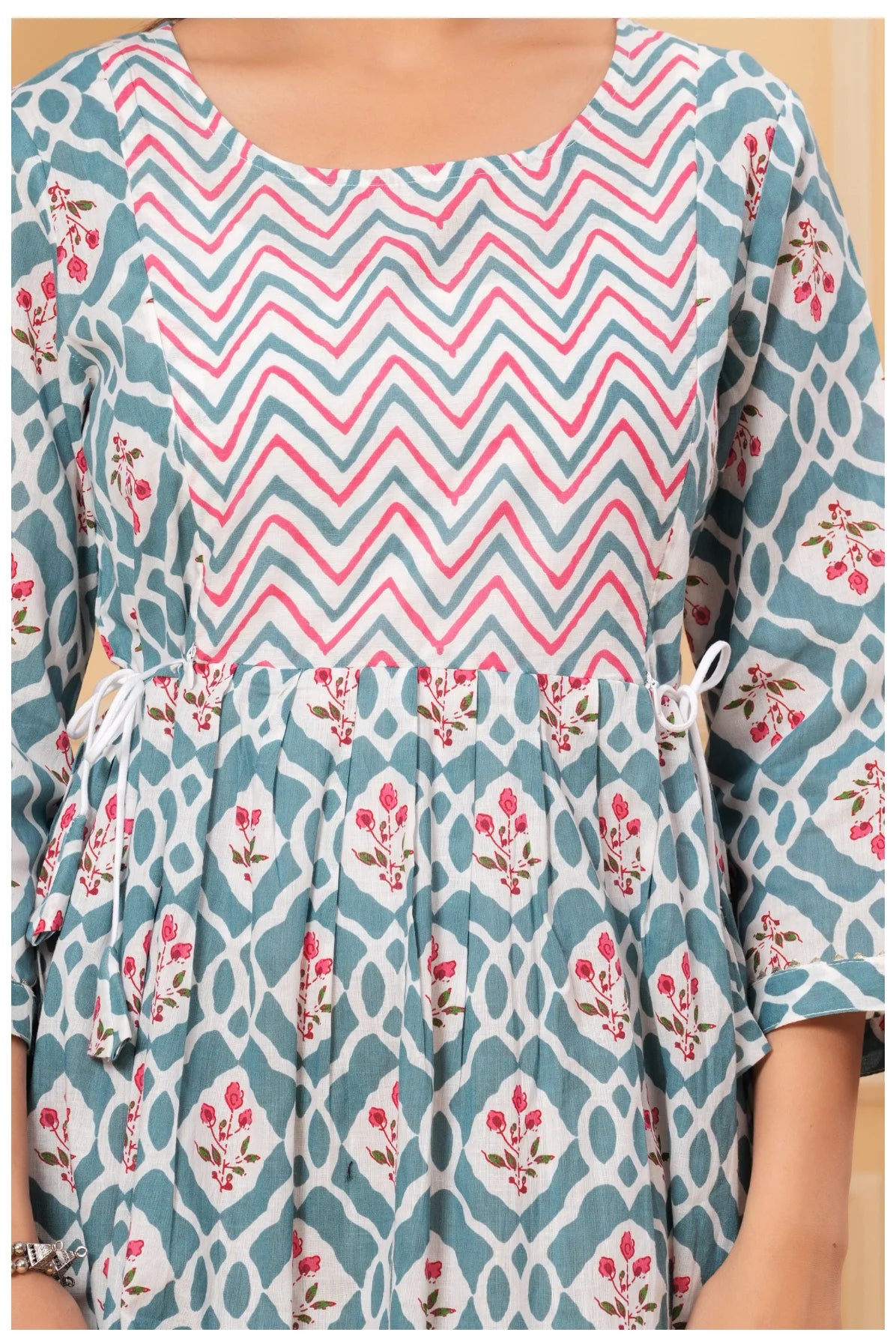 Teal Blue Geometric Printed Cotton Feeding A-Line Kurti for Women