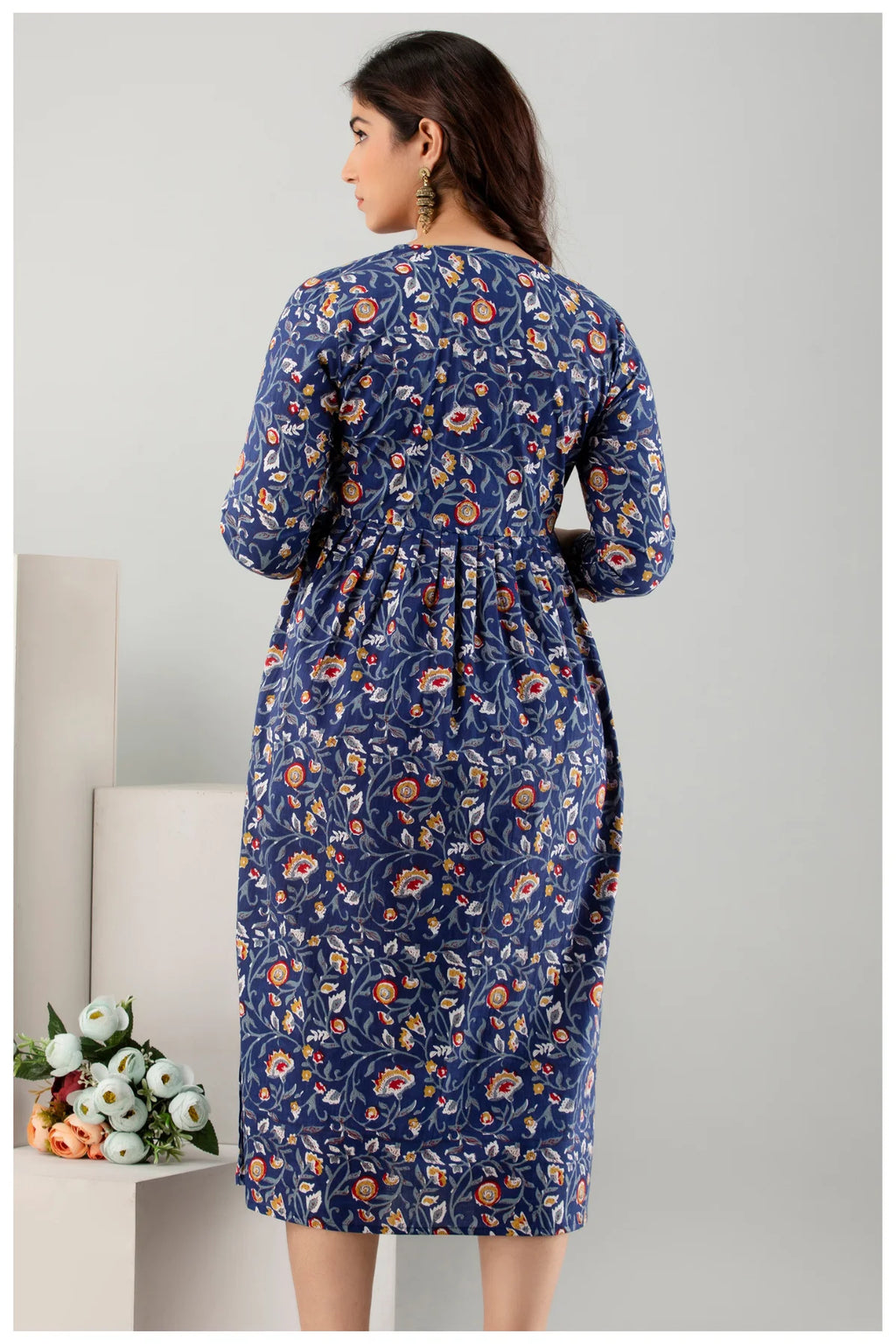 Navy Blue Floral Printed Cotton A-Line Kurti for Women