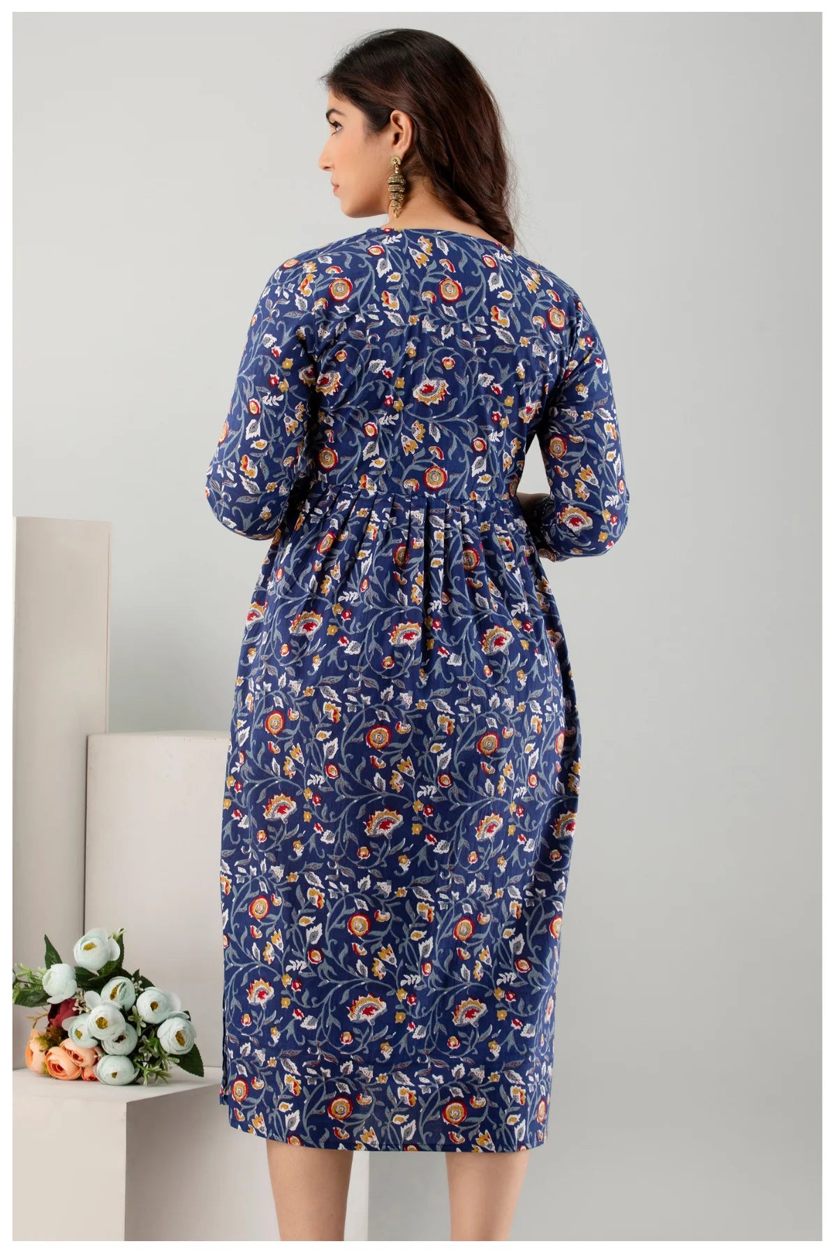 Navy Blue Floral Printed Cotton A-Line Kurti for Women