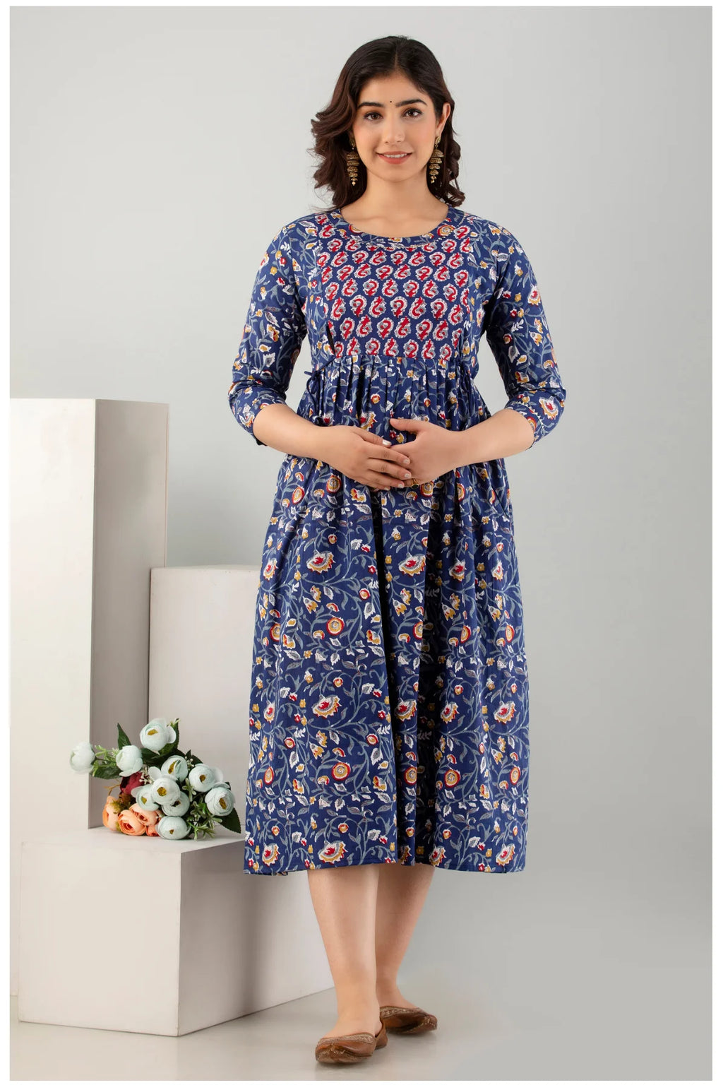 Navy Blue Floral Printed Cotton A-Line Kurti for Women