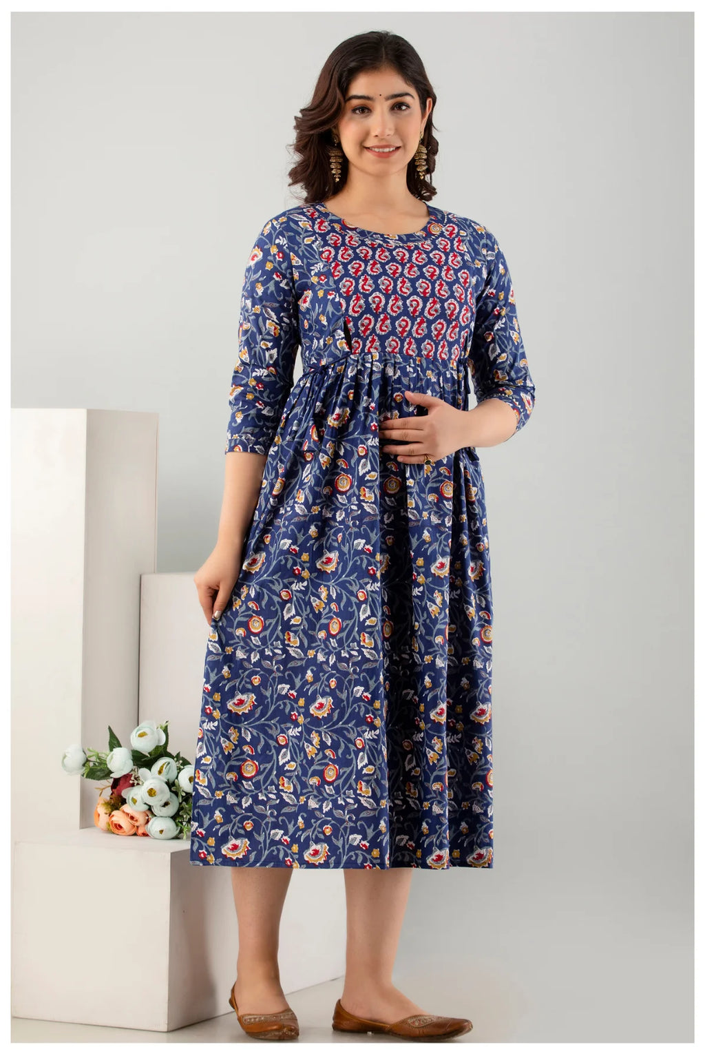 Navy Blue Floral Printed Cotton A-Line Kurti for Women