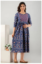 Navy Blue Floral Printed Cotton A-Line Kurti for Women