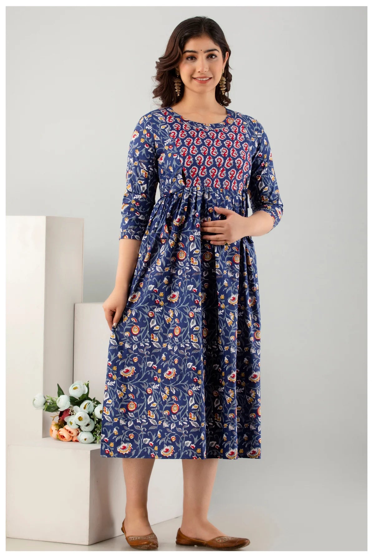 Navy Blue Floral Printed Cotton A-Line Kurti for Women