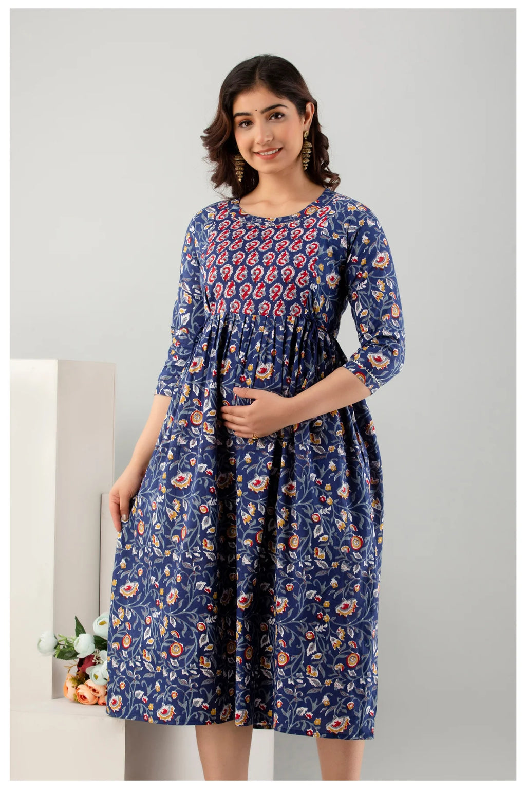 Navy Blue Floral Printed Cotton A-Line Kurti for Women
