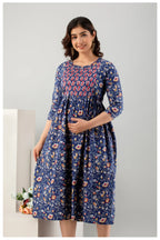 Navy Blue Floral Printed Cotton A-Line Kurti for Women