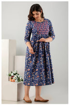 Navy Blue Floral Printed Cotton A-Line Kurti for Women