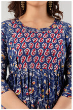 Navy Blue Floral Printed Cotton A-Line Kurti for Women