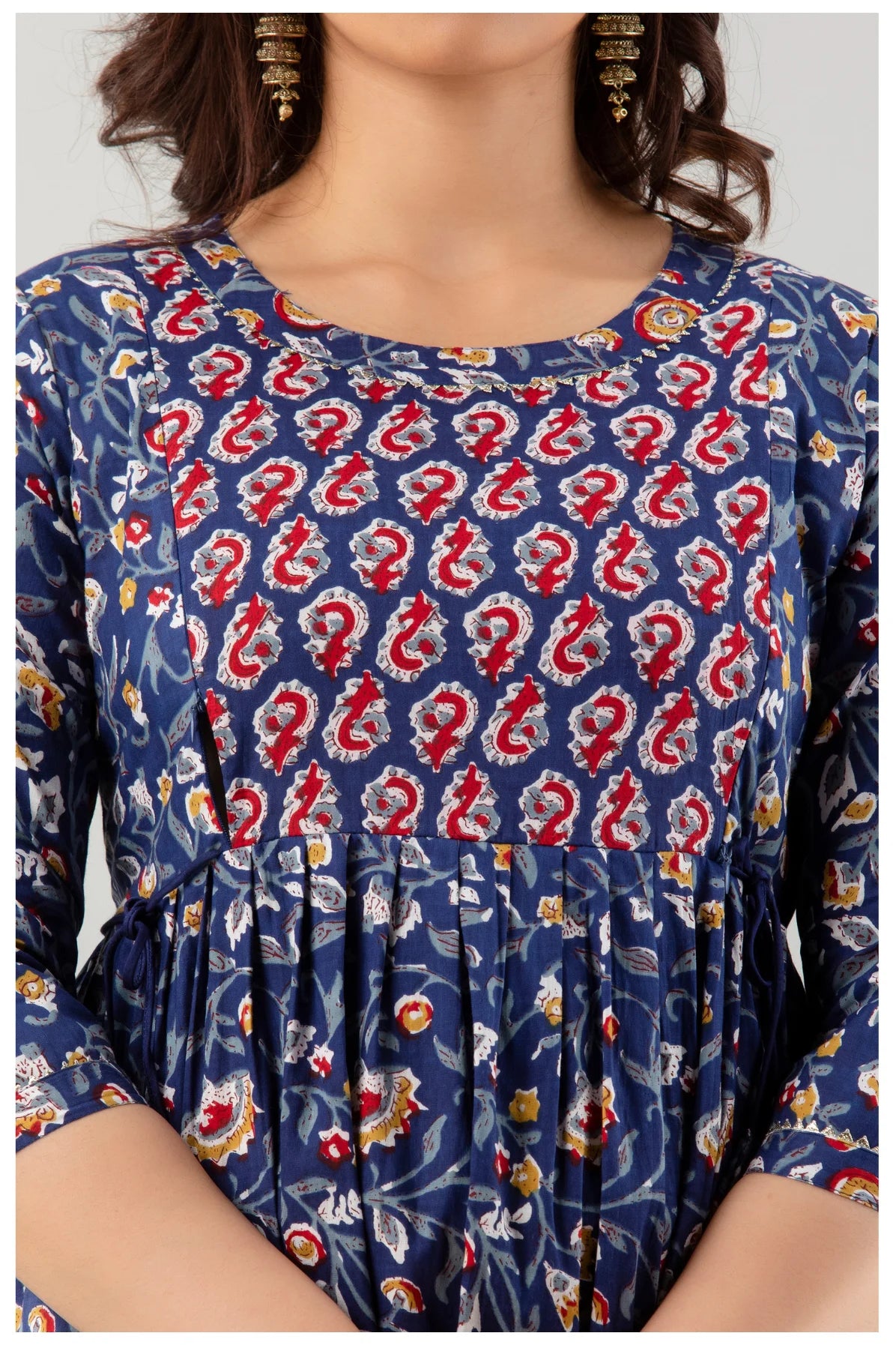 Navy Blue Floral Printed Cotton A-Line Kurti for Women