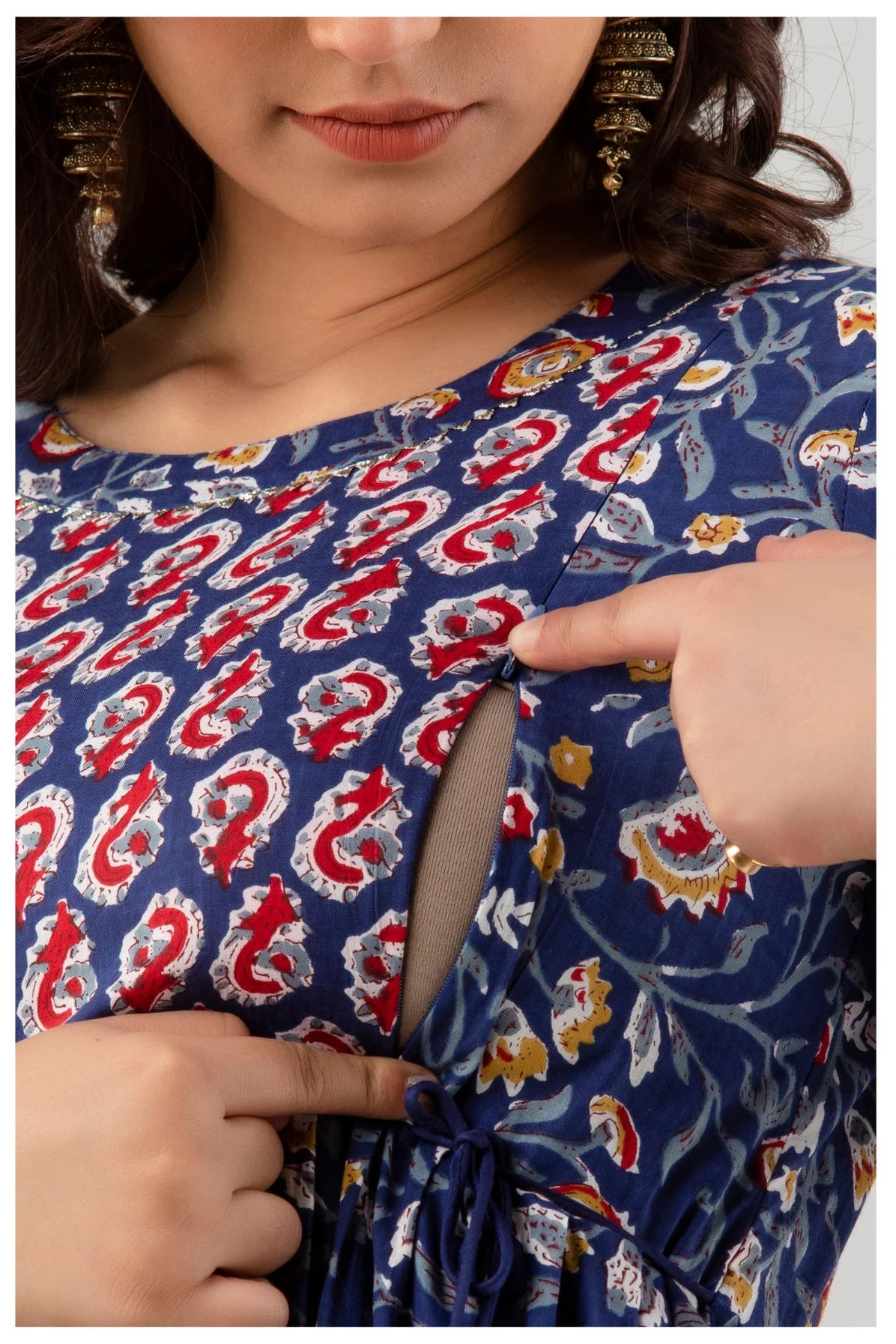 Navy Blue Floral Printed Cotton A-Line Kurti for Women