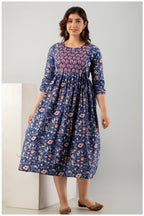 Navy Blue Floral Printed Cotton A-Line Kurti for Women