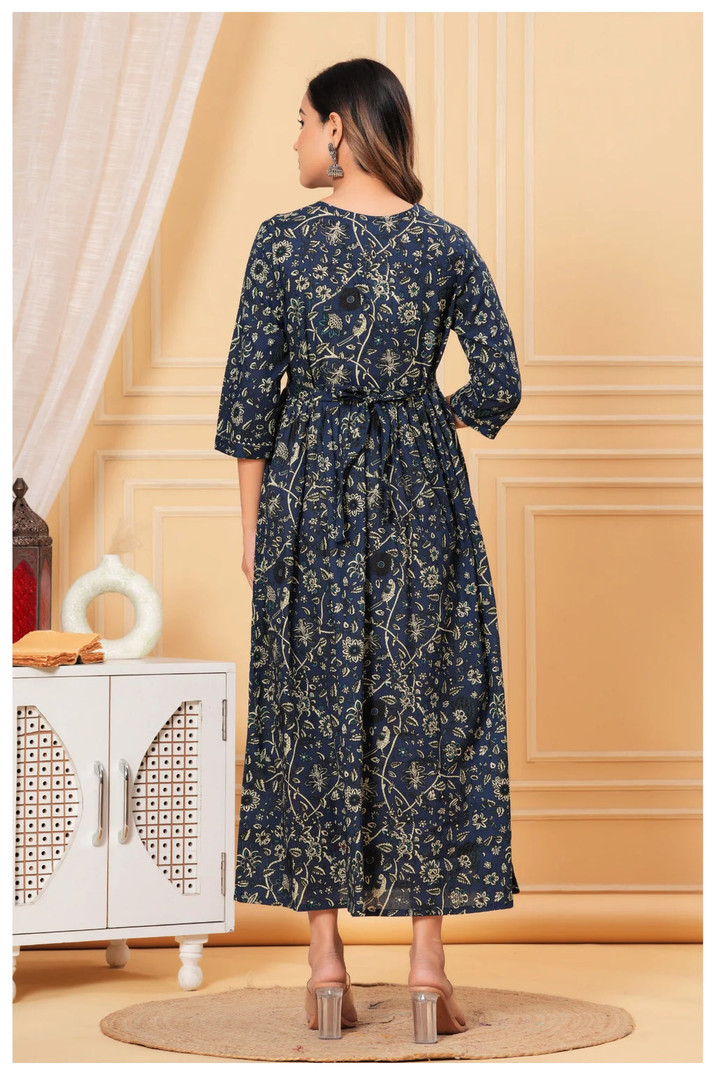 Navy Blue Floral Printed Cotton Maternity A-Line Dress for Women