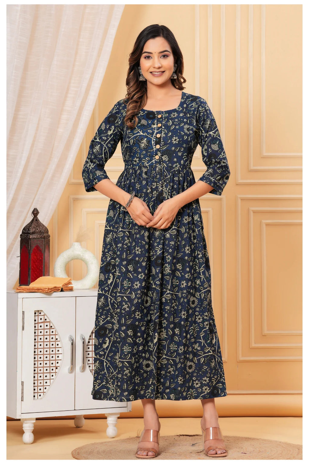 Navy Blue Floral Printed Cotton Maternity A-Line Dress for Women