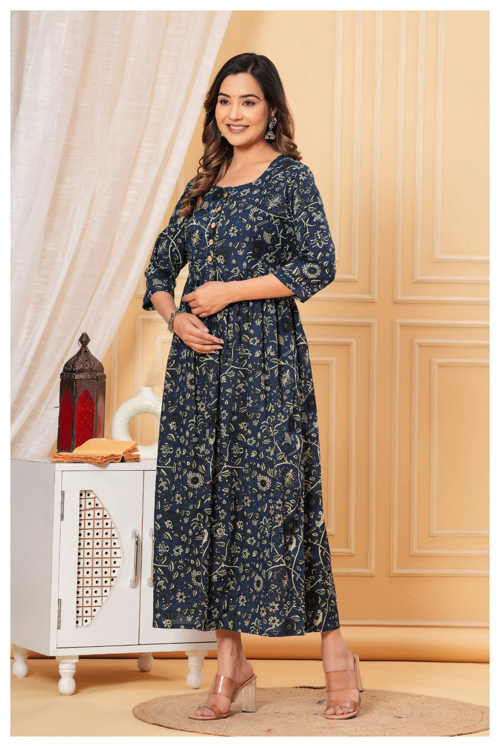 Navy Blue Floral Printed Cotton Maternity A-Line Dress for Women