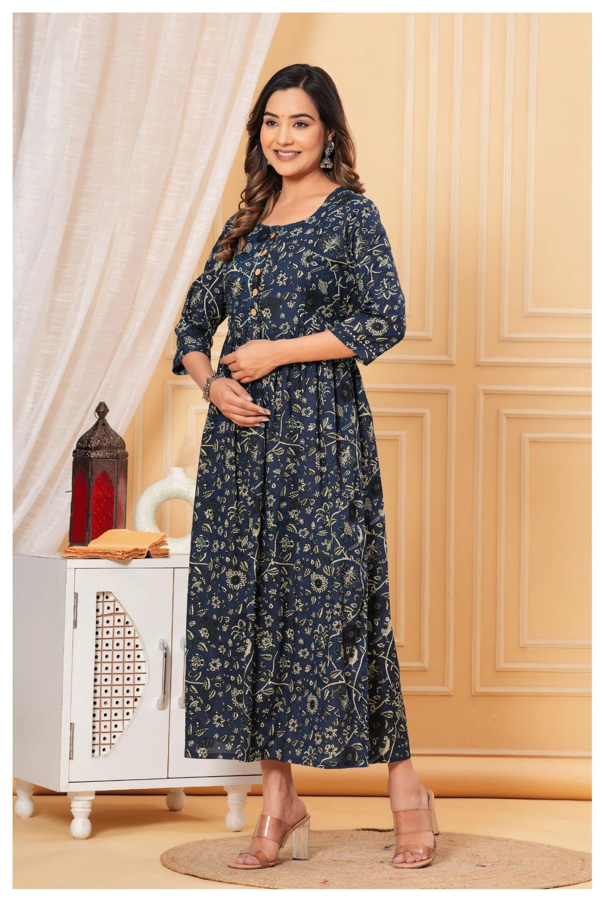 Navy Blue Floral Printed Cotton Maternity A-Line Dress for Women