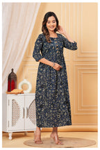 Navy Blue Floral Printed Cotton Maternity A-Line Dress for Women