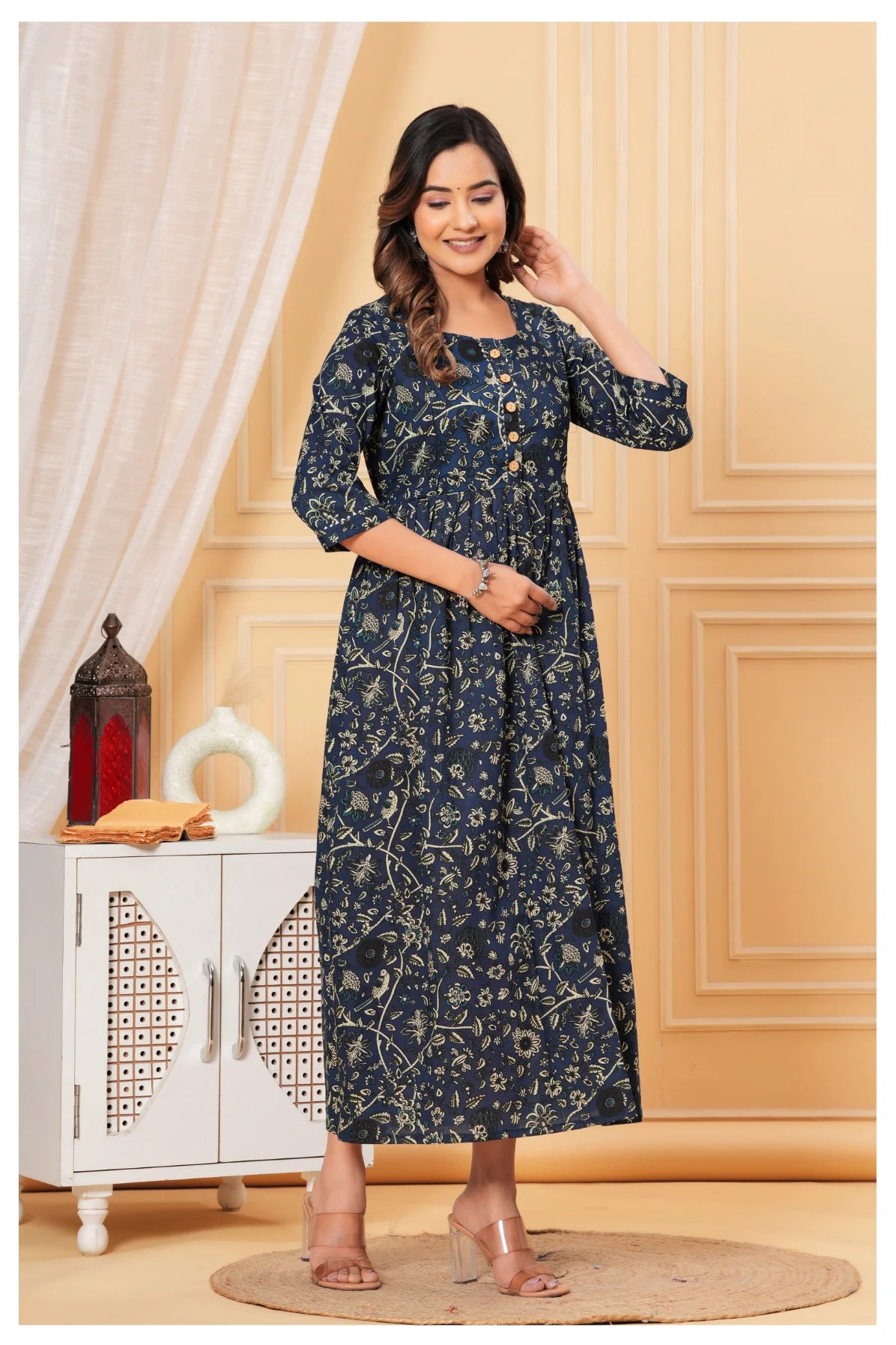 Navy Blue Floral Printed Cotton Maternity A-Line Dress for Women