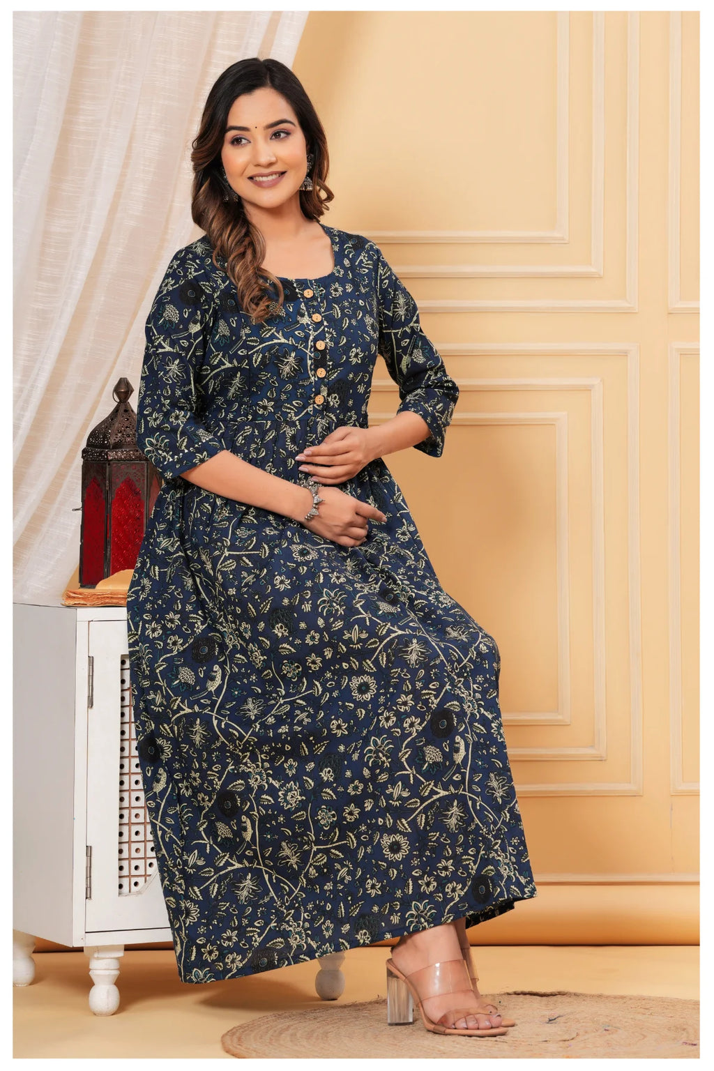 Navy Blue Floral Printed Cotton Maternity A-Line Dress for Women