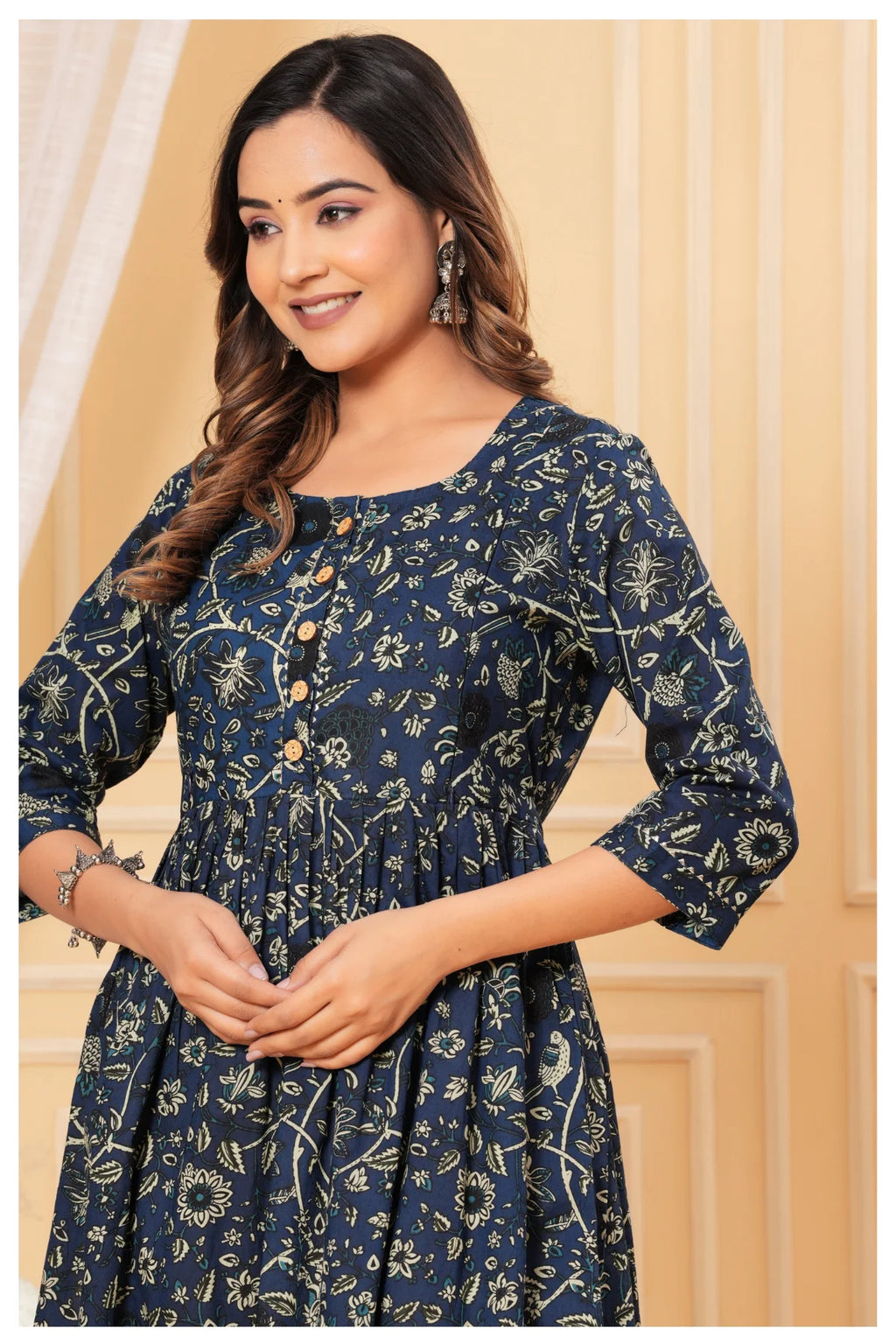 Navy Blue Floral Printed Cotton Maternity A-Line Dress for Women