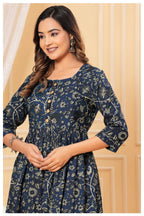 Navy Blue Floral Printed Cotton Maternity A-Line Dress for Women