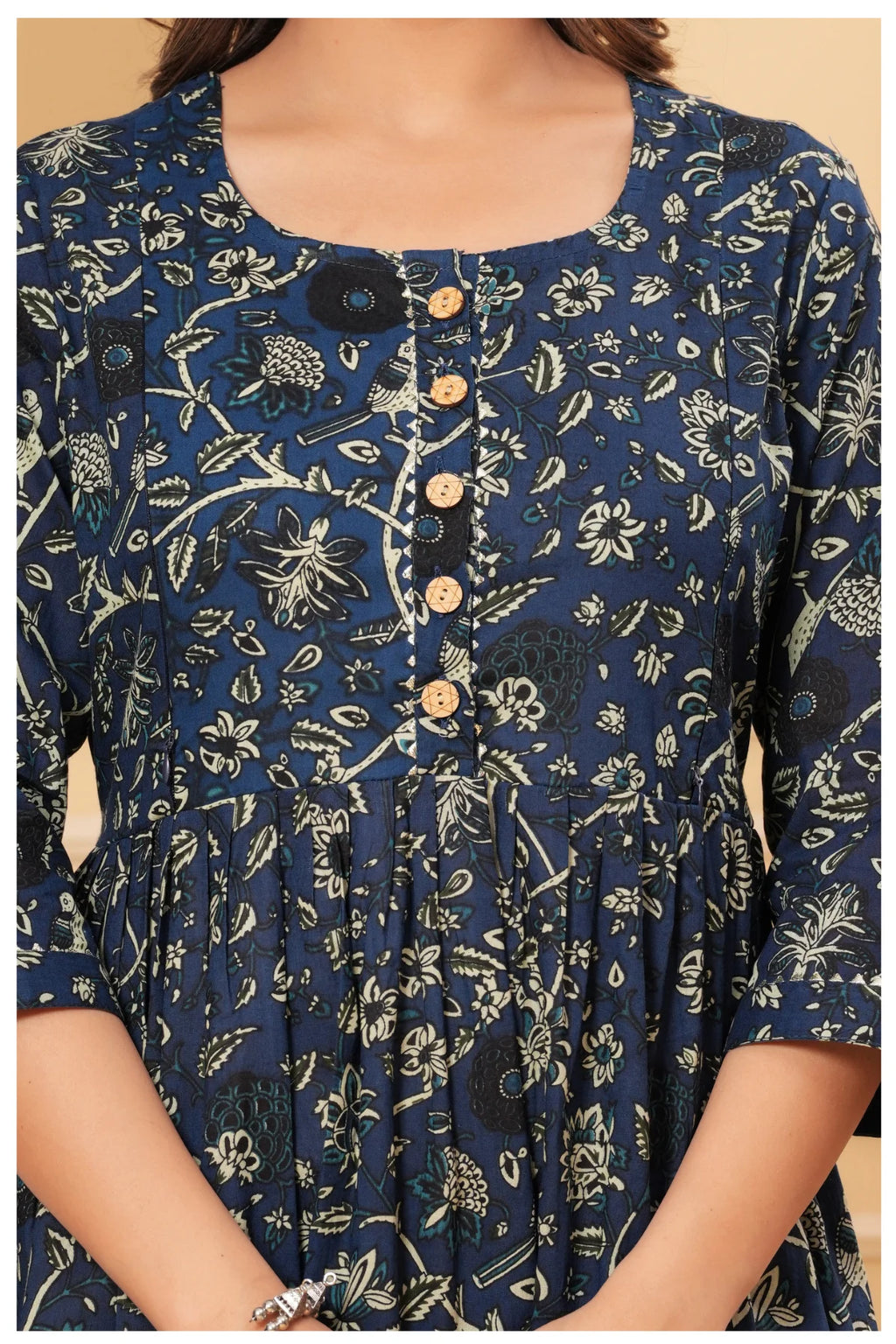 Navy Blue Floral Printed Cotton Maternity A-Line Dress for Women