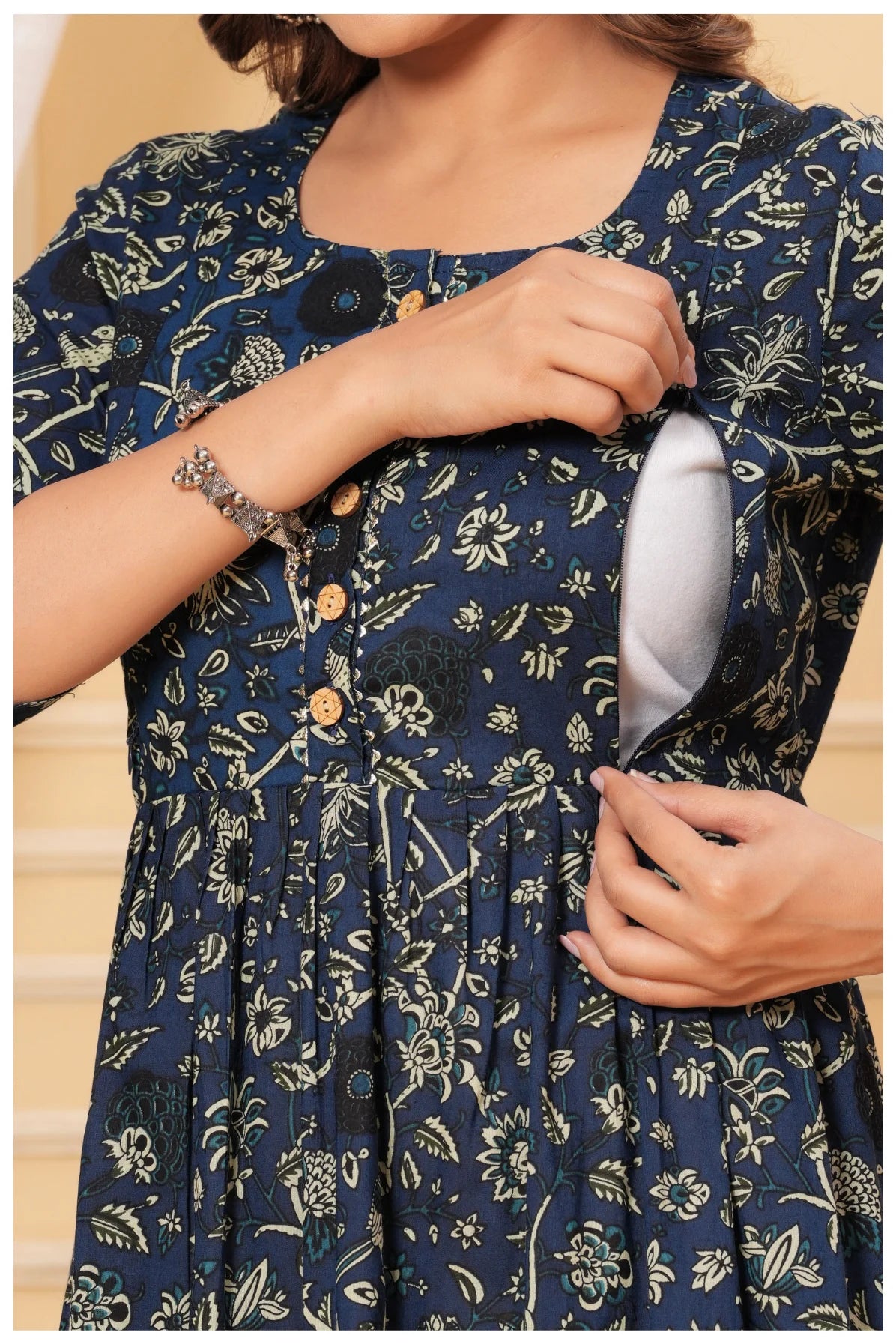 Navy Blue Floral Printed Cotton Maternity A-Line Dress for Women