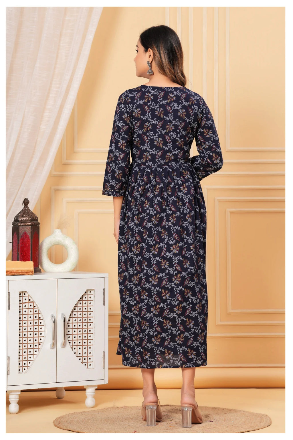 Printed Navy Blue Maternity Dress with Adjustable Waist – Soft & Comfortable Fit