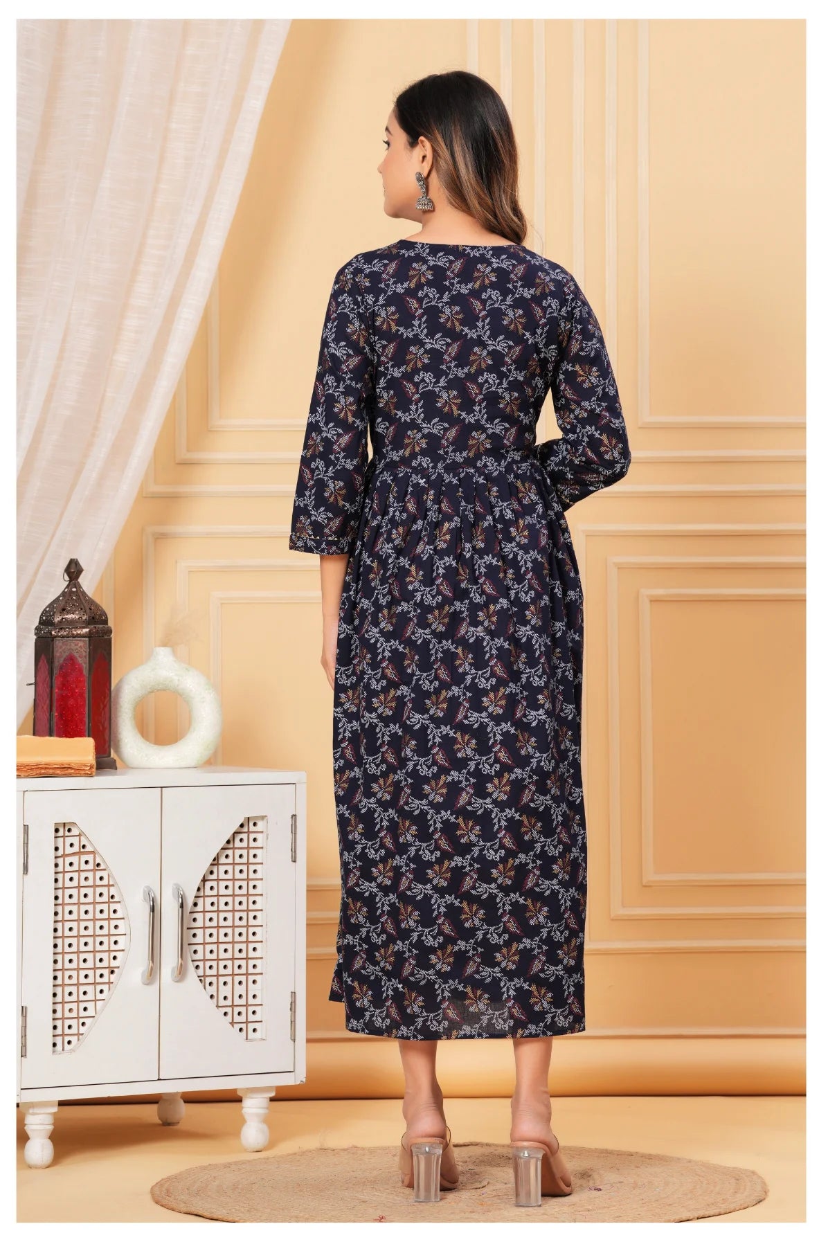 Printed Navy Blue Maternity Dress with Adjustable Waist – Soft & Comfortable Fit