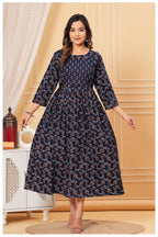 Printed Navy Blue Maternity Dress with Adjustable Waist – Soft & Comfortable Fit