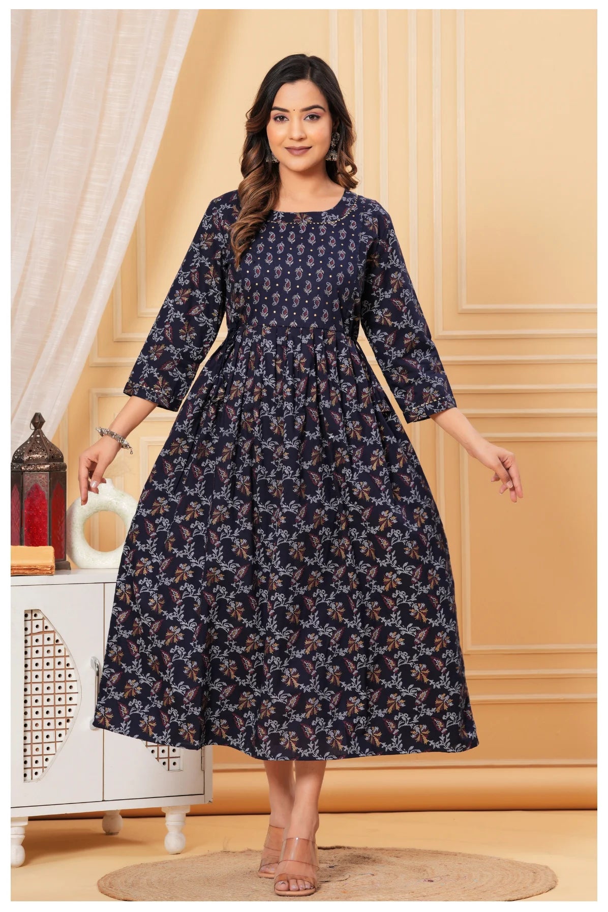 Printed Navy Blue Maternity Dress with Adjustable Waist – Soft & Comfortable Fit
