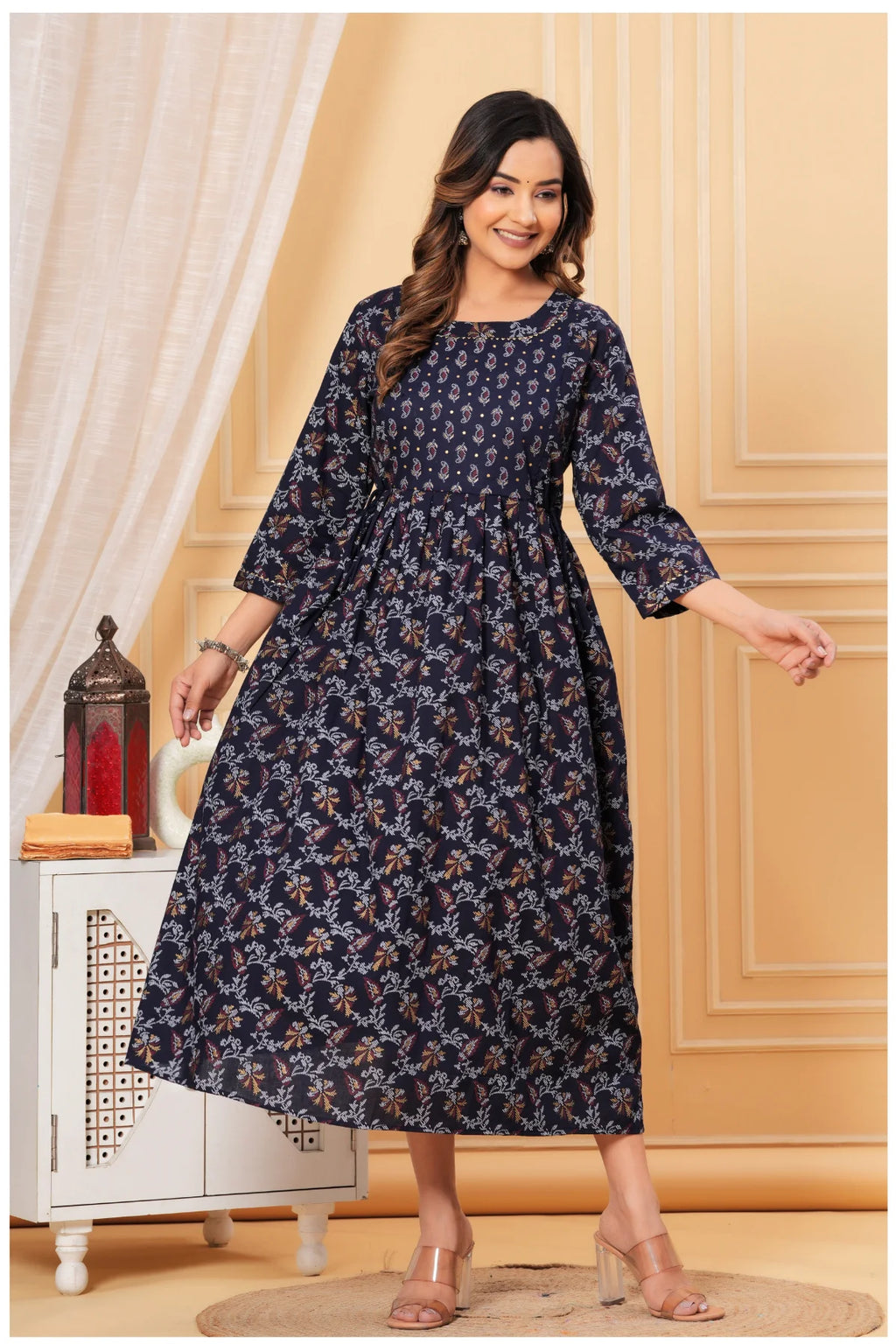 Printed Navy Blue Maternity Dress with Adjustable Waist – Soft & Comfortable Fit