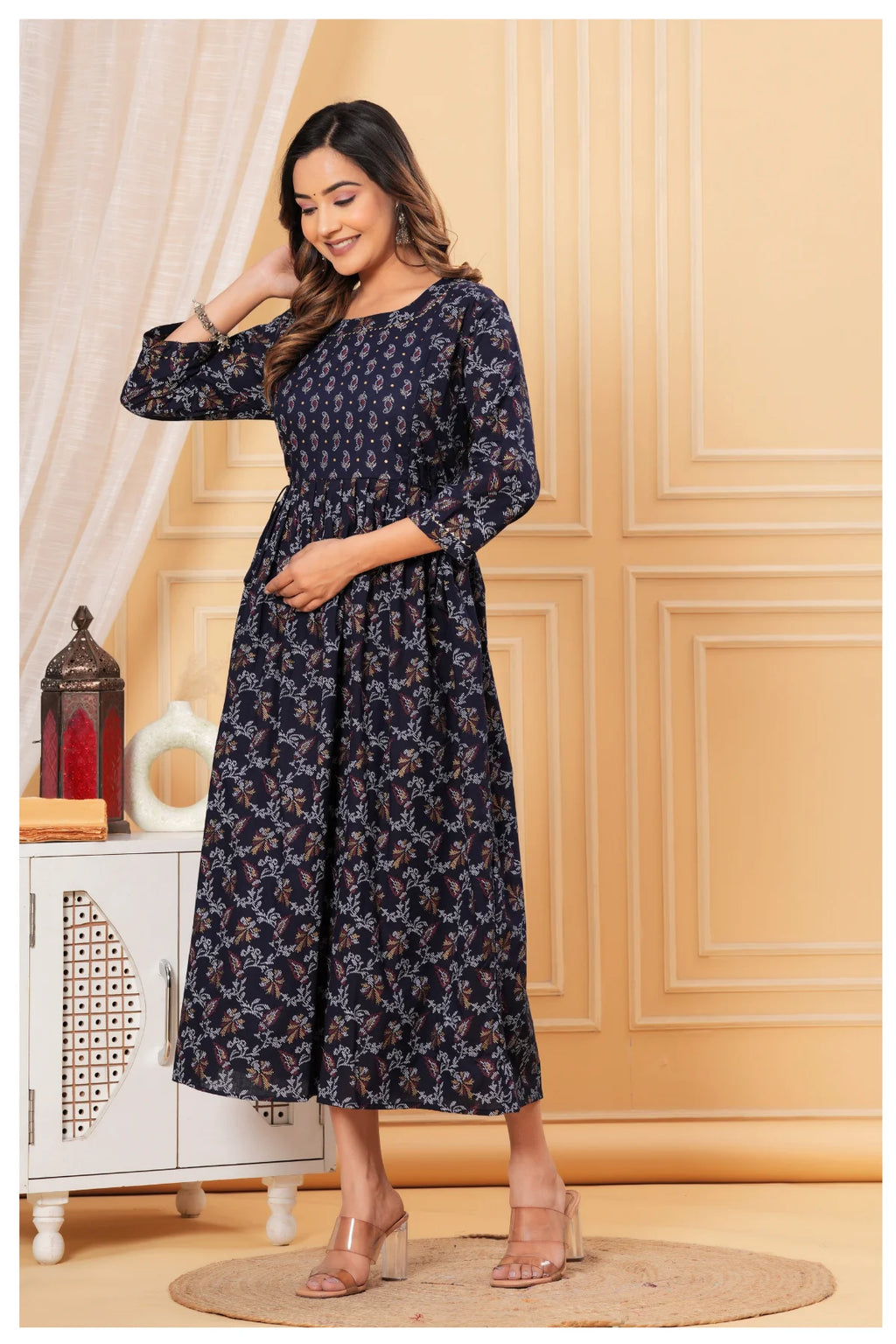 Printed Navy Blue Maternity Dress with Adjustable Waist – Soft & Comfortable Fit