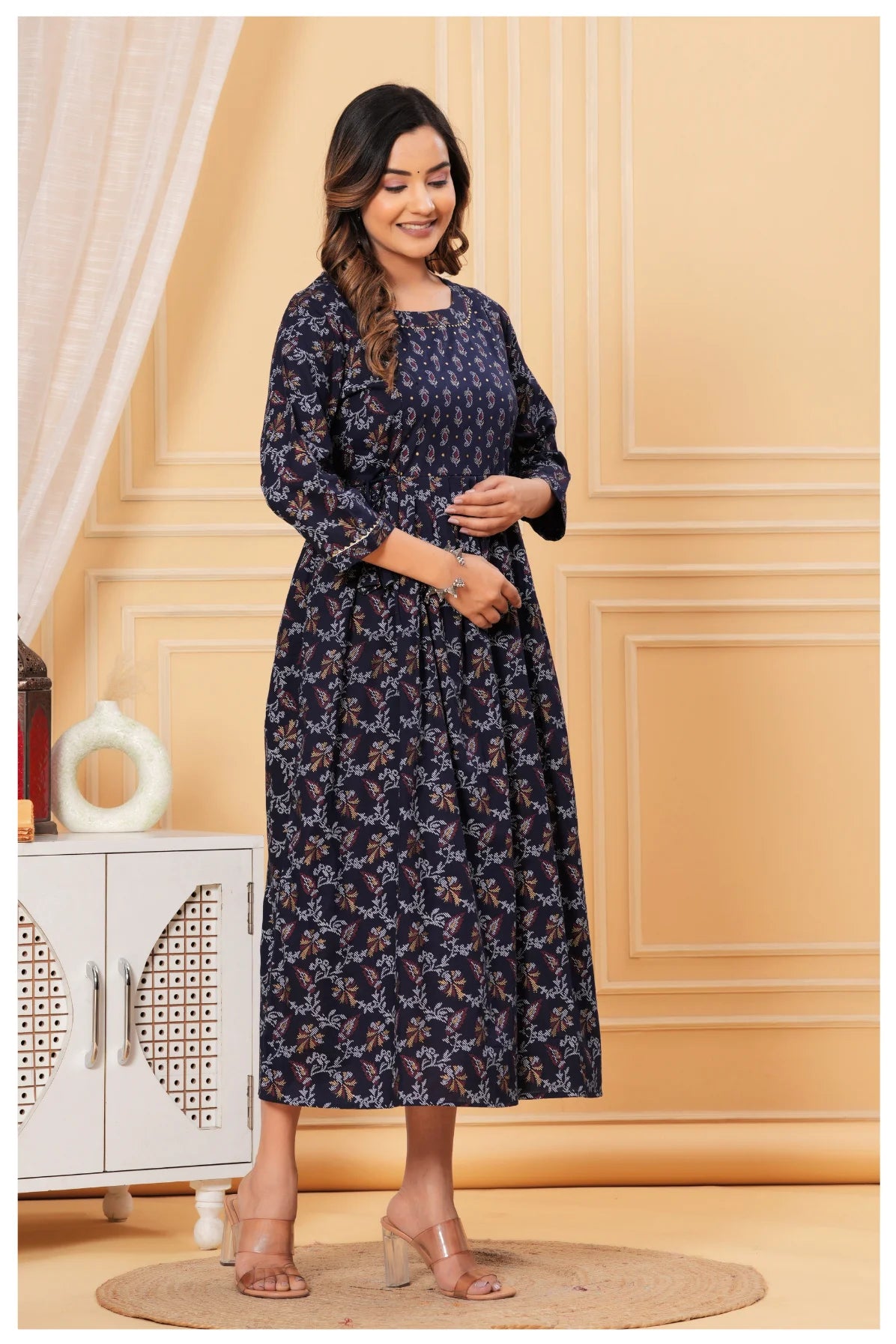 Printed Navy Blue Maternity Dress with Adjustable Waist – Soft & Comfortable Fit