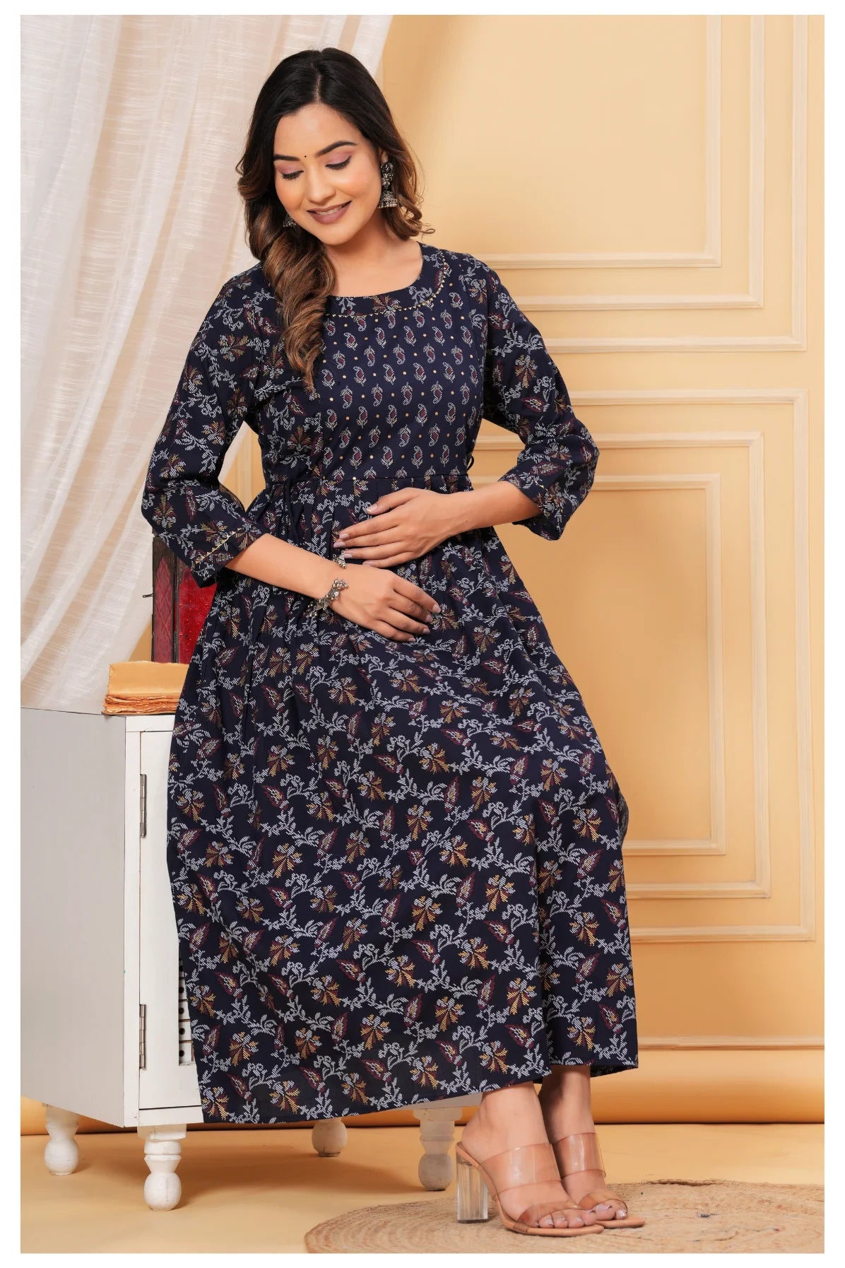 Printed Navy Blue Maternity Dress with Adjustable Waist – Soft & Comfortable Fit
