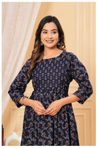 Printed Navy Blue Maternity Dress with Adjustable Waist – Soft & Comfortable Fit