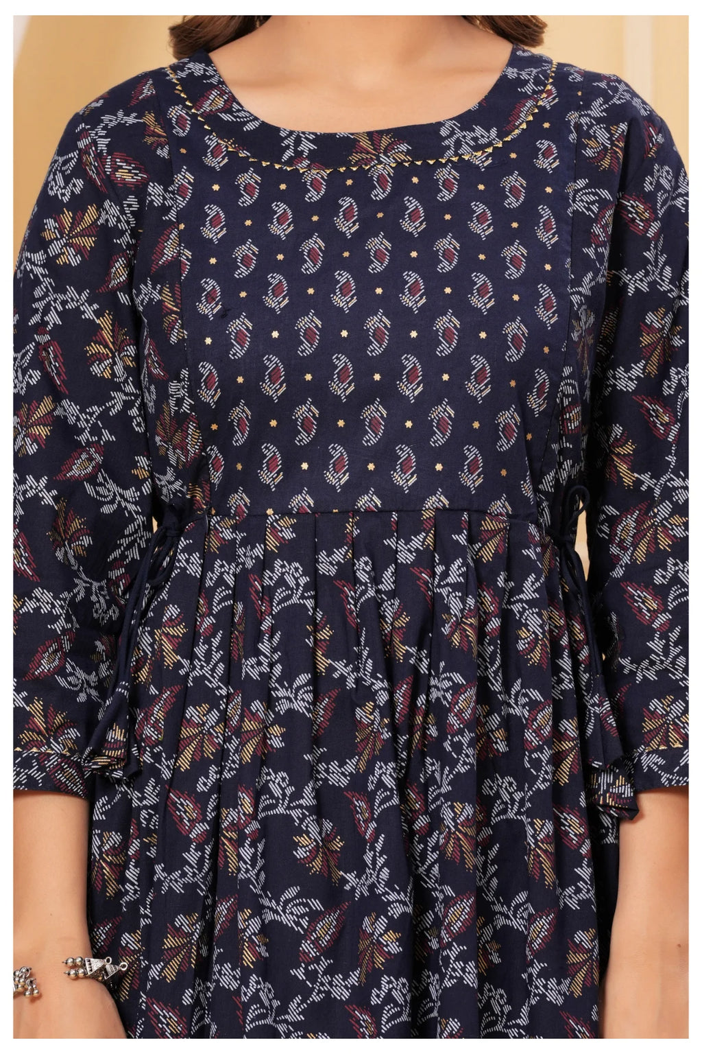 Printed Navy Blue Maternity Dress with Adjustable Waist – Soft & Comfortable Fit