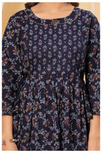 Printed Navy Blue Maternity Dress with Adjustable Waist – Soft & Comfortable Fit