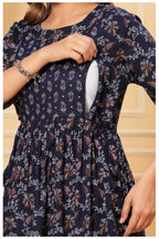 Printed Navy Blue Maternity Dress with Adjustable Waist – Soft & Comfortable Fit