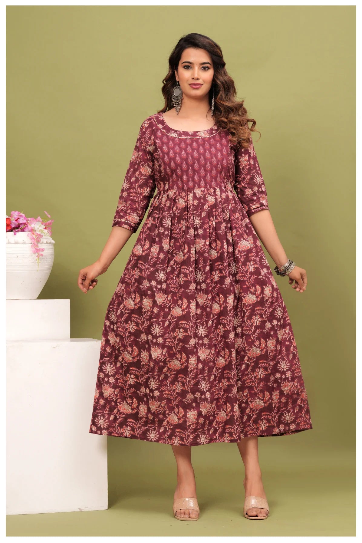 Maroon Floral Printed Maternity Dress with Empire Waist – Comfortable Everyday Wear