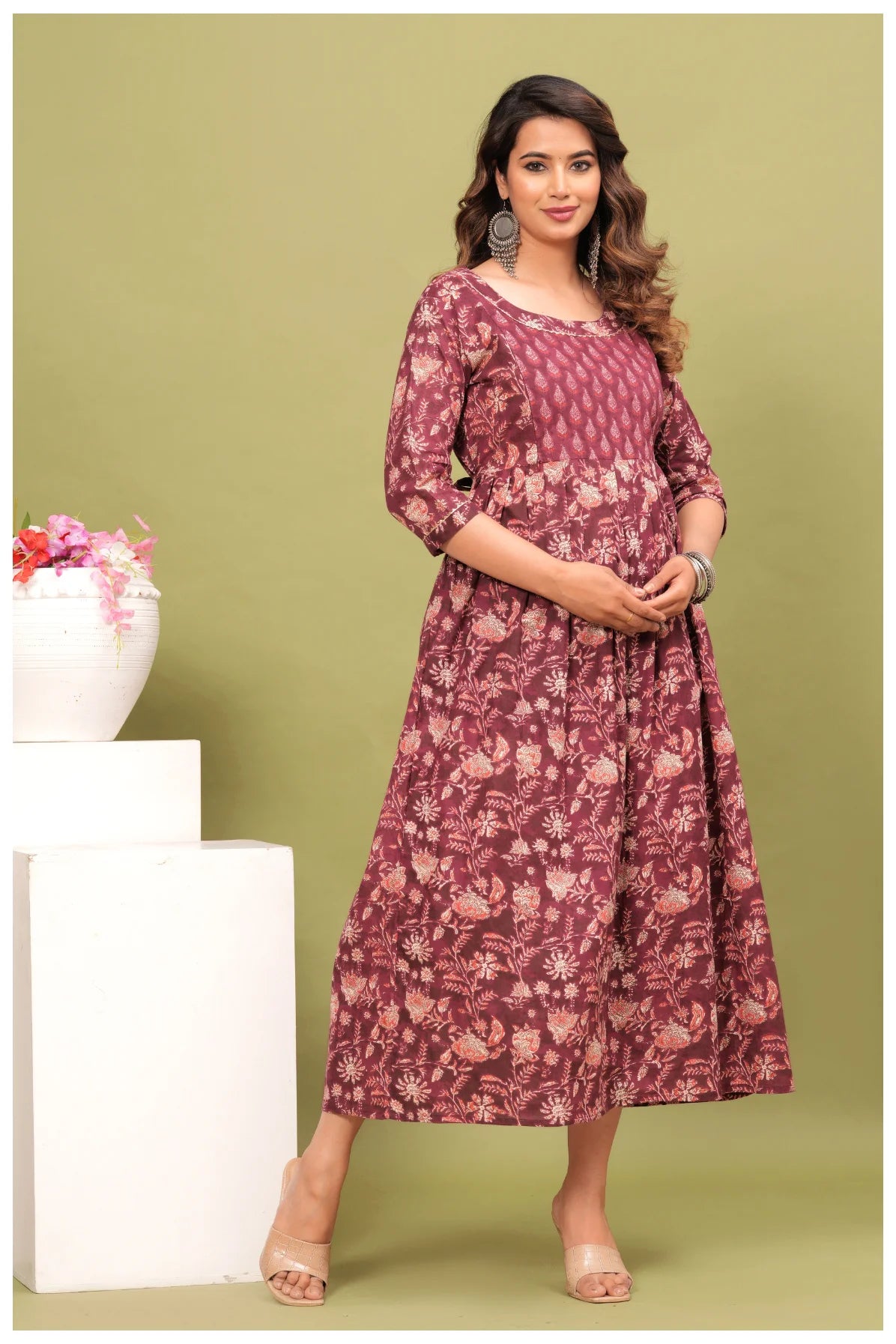 Maroon Floral Printed Maternity Dress with Empire Waist – Comfortable Everyday Wear