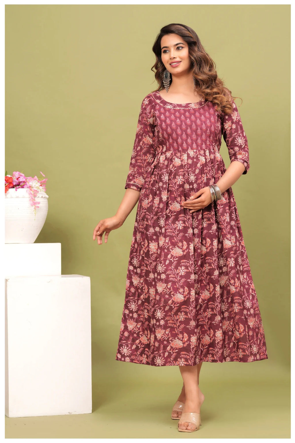 Maroon Floral Printed Maternity Dress with Empire Waist – Comfortable Everyday Wear