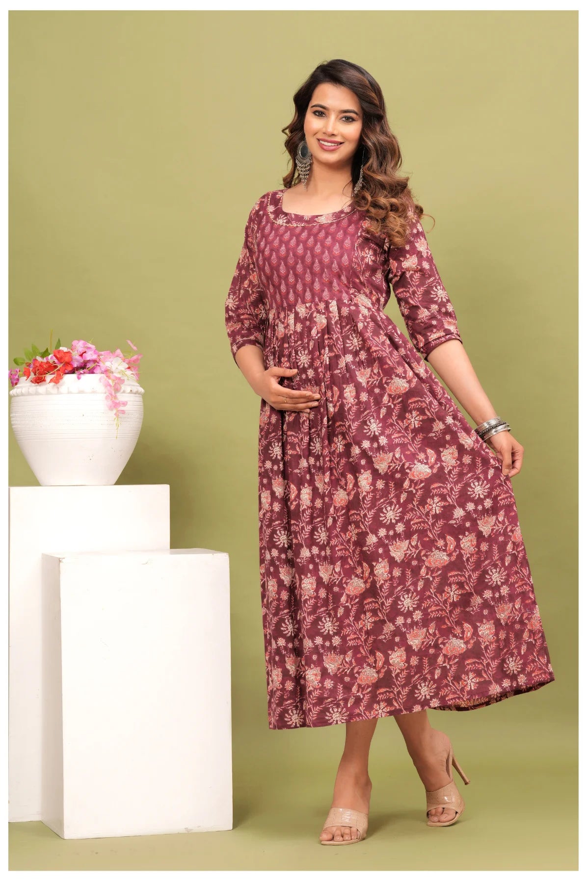 Maroon Floral Printed Maternity Dress with Empire Waist – Comfortable Everyday Wear