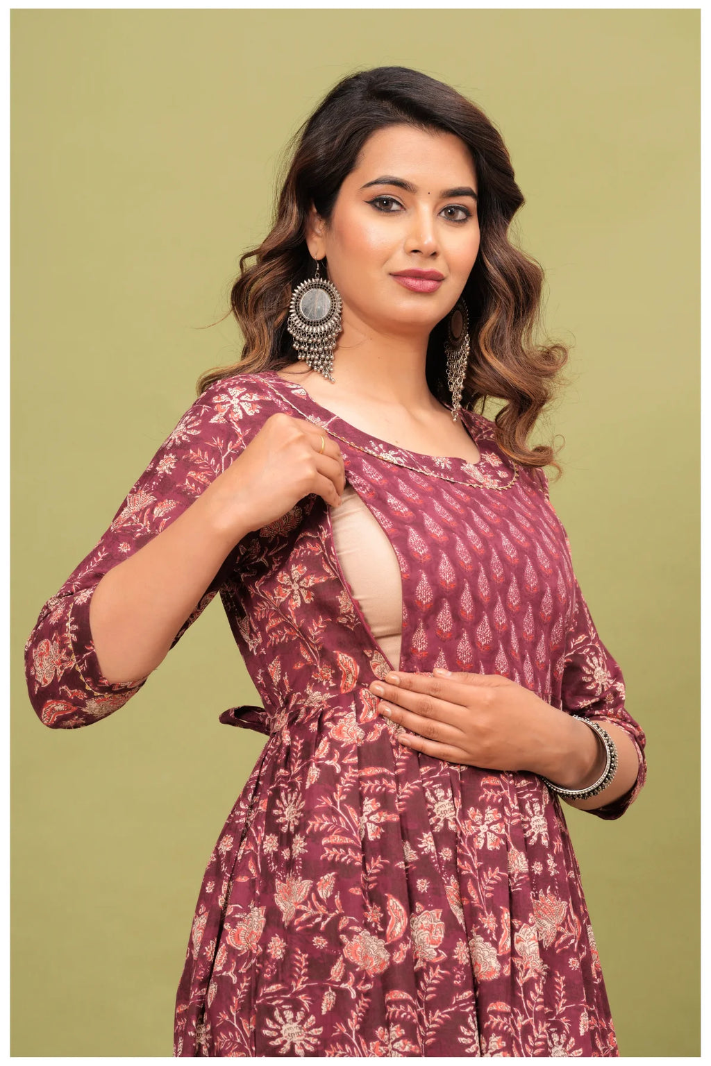 Maroon Floral Printed Maternity Dress with Empire Waist – Comfortable Everyday Wear