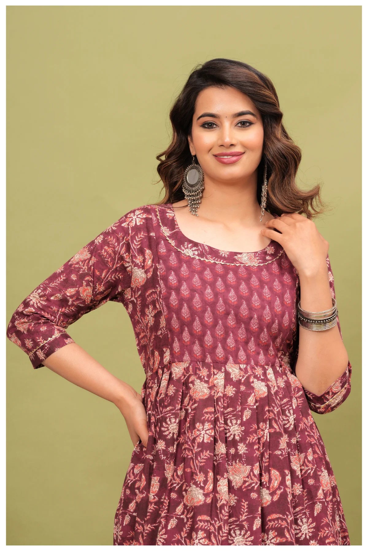 Maroon Floral Printed Maternity Dress with Empire Waist – Comfortable Everyday Wear