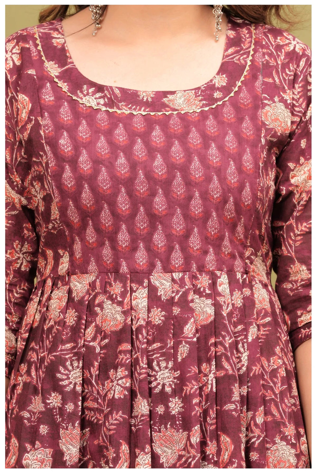 Maroon Floral Printed Maternity Dress with Empire Waist – Comfortable Everyday Wear
