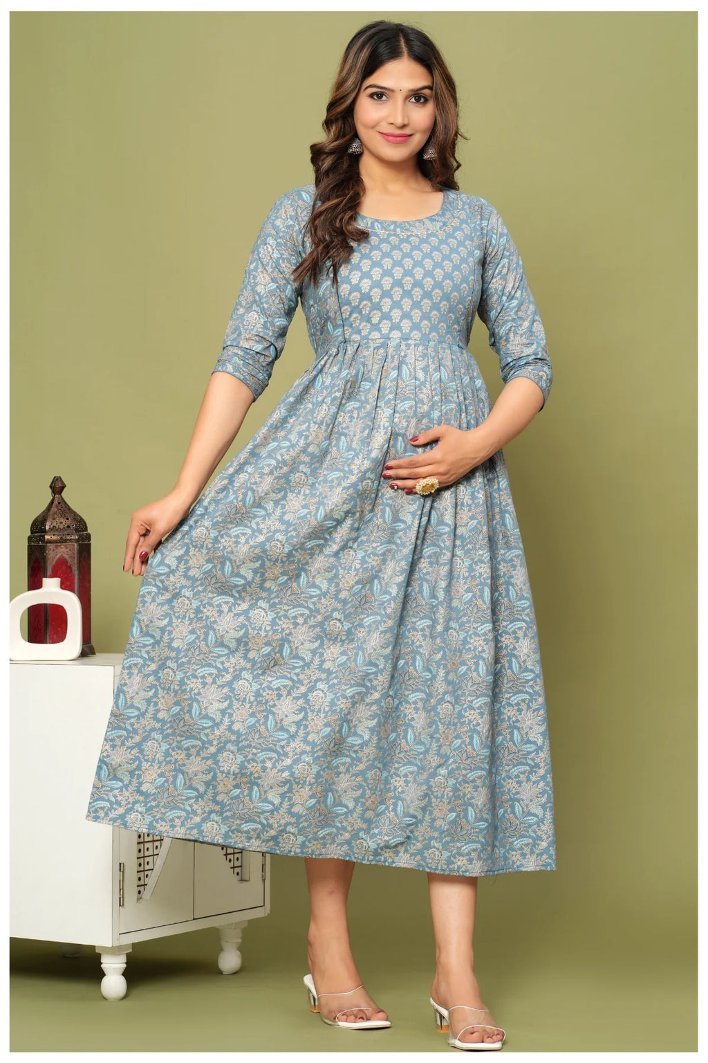 Floral Print Maternity Dress with Empire Waist – Comfortable Cotton Dress