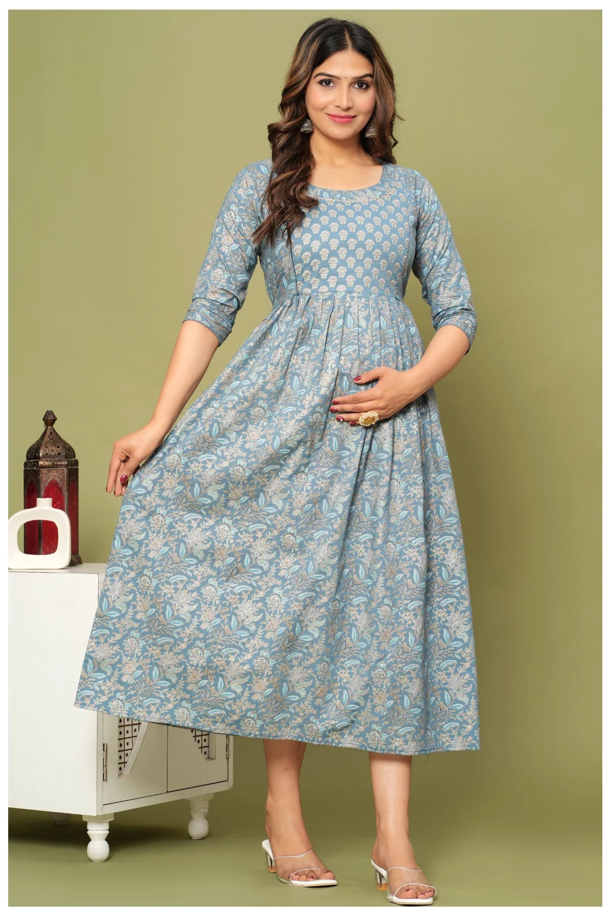 Floral Print Maternity Dress with Empire Waist – Comfortable Cotton Dress