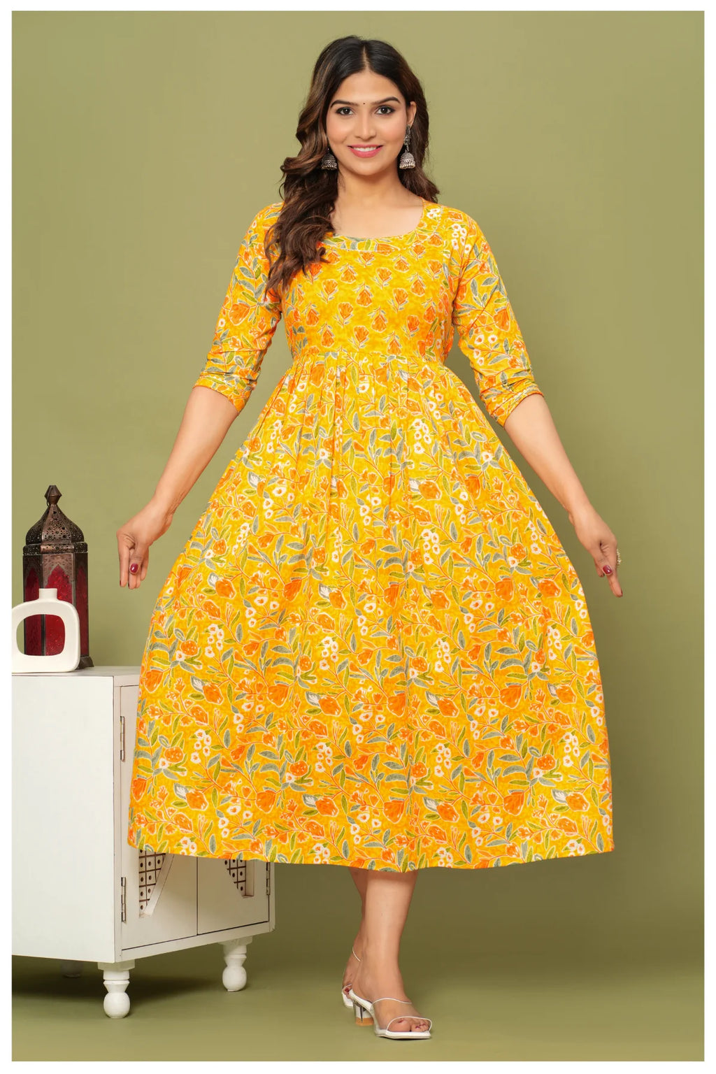 Floral Printed Cotton Maternity Dress with Empire Waist