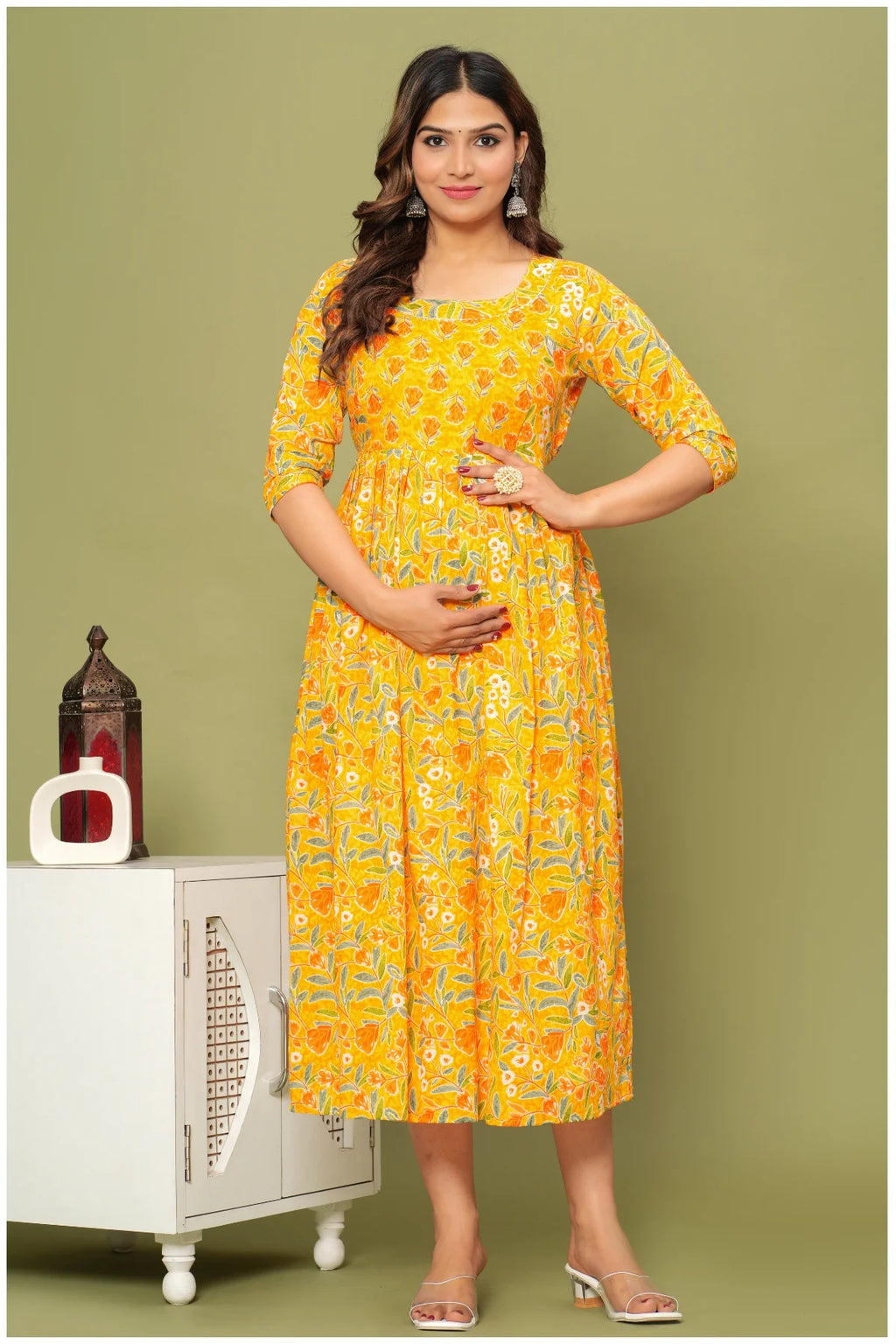 Floral Printed Cotton Maternity Dress with Empire Waist